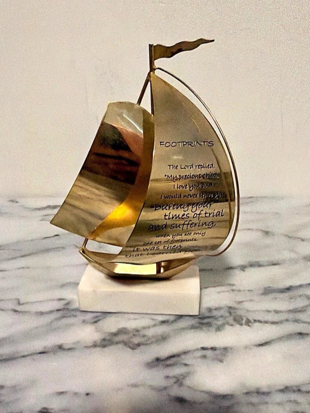 Gold Metal Sailboat Sculpture w/ Marble Base "FOOTPRINTS IN THE SAND" Poem
